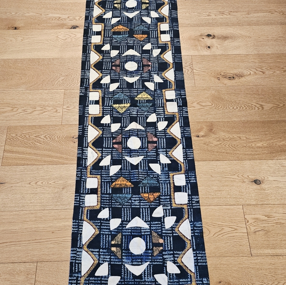 Embroidered And stamped bed / table runner stitched folk art fabric Mola signed